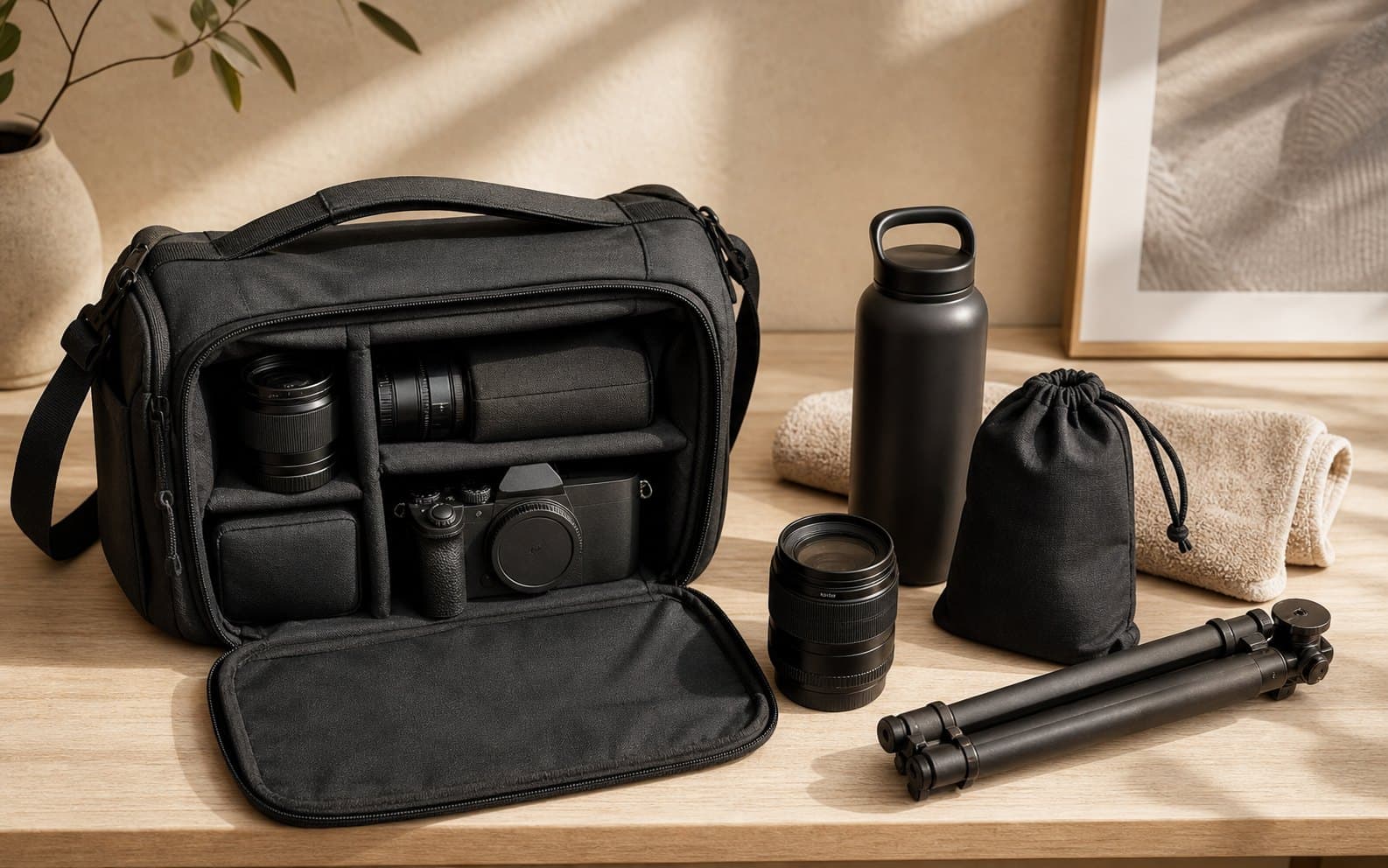 A curated creator camera bag with lenses and practical gear.