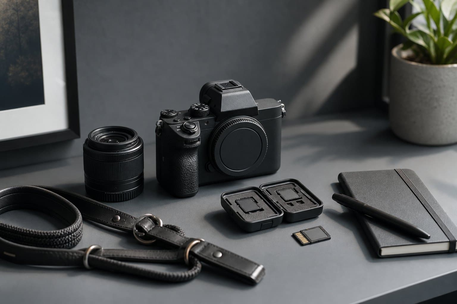 A product photographer workflow desk with camera and neutral backdrop.