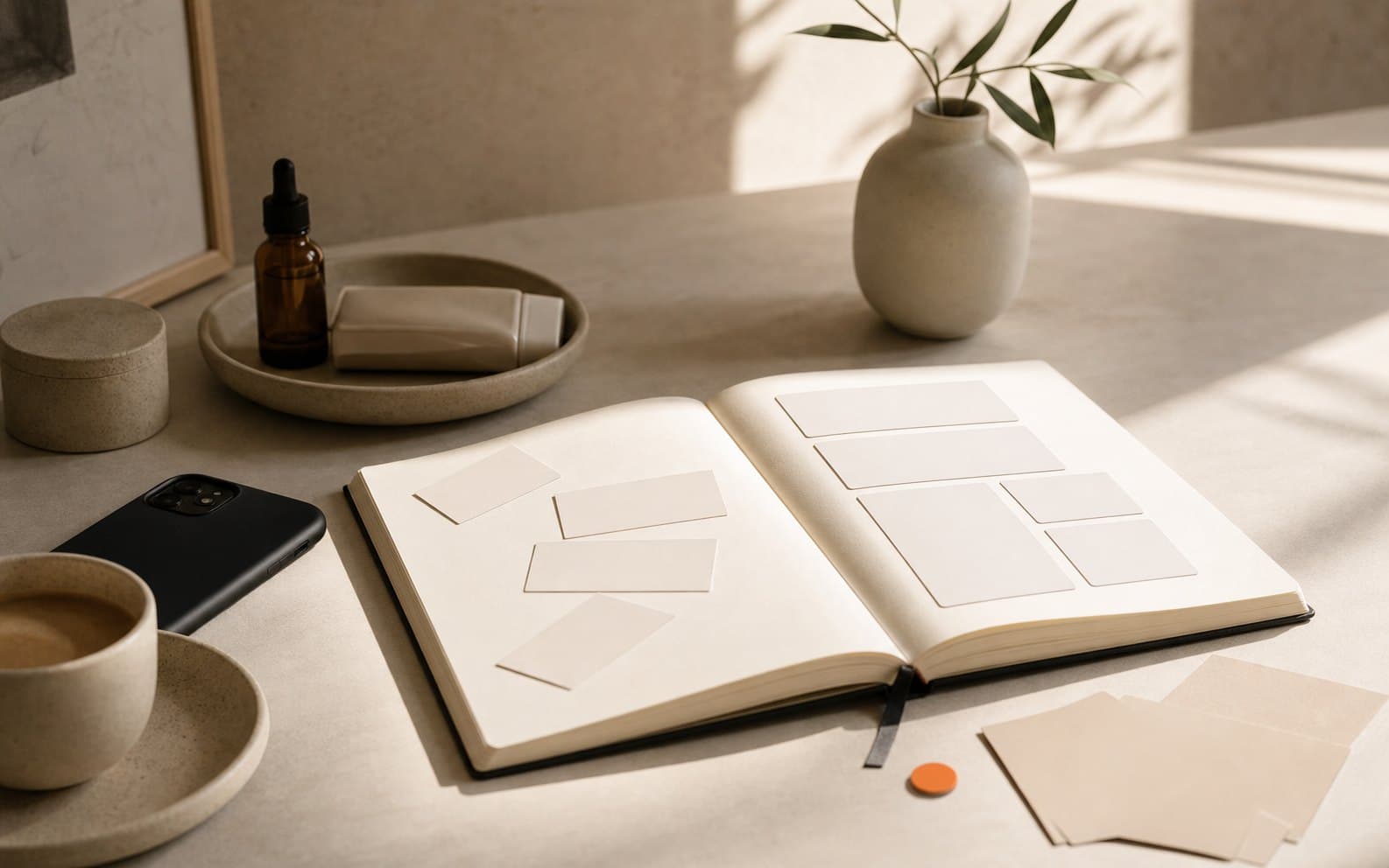 A personal creator workspace with blank profile cards and warm desk light.