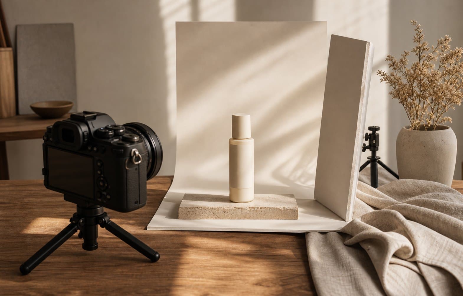 Creator product photography setup with camera and staged product.